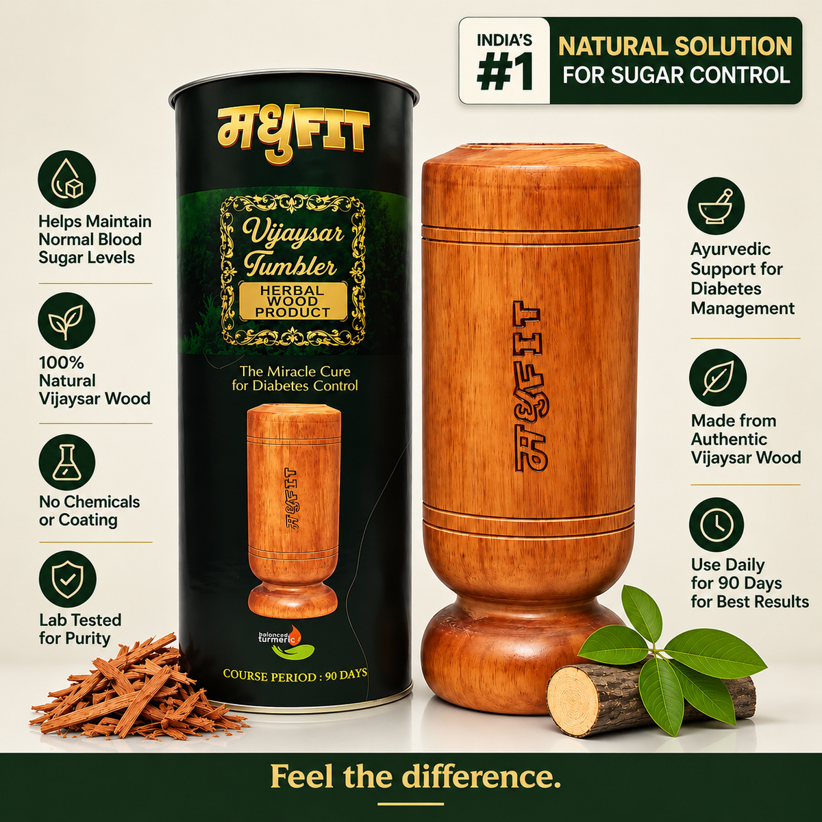 Madhufit Original Vijaysar Wood Glass made from Authentic Vijaysar heartwood